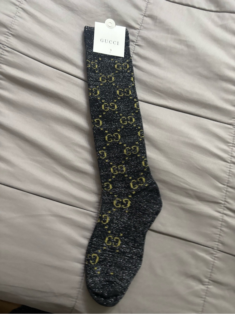 Gucci Black Knee-High Socks with Gold GG Monogram - Picture 1 of 4